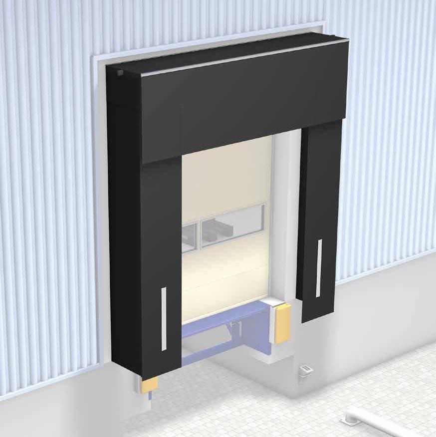 Torabdichtung komplett 3450×3400 mm als Dock Shelter mit integrierter Regenrinne, Seitenklappen, Topklappe und weißen Sichtstreifen für wettergeschützte Laderampen und professionelle Verladezonen.