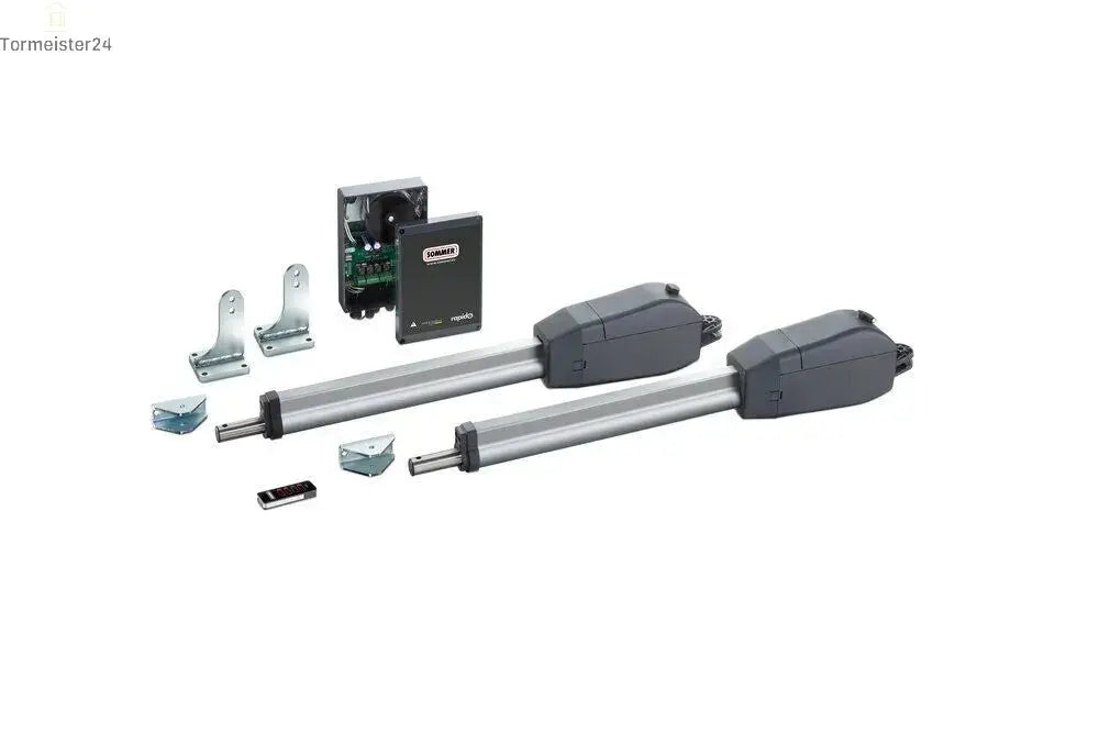 Zweiflügeliges Einfahrtstor mit elektrischem Drehtorantrieb, Lichtschranke und Handsender als komfortable Torlösung von Tormeister24.