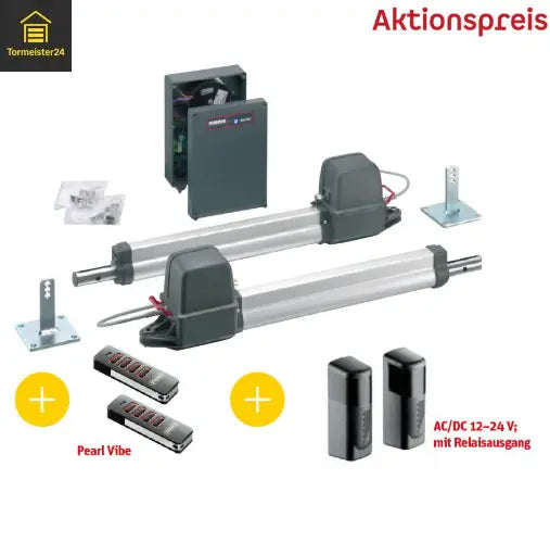 Zweiflügeliges Einfahrtstor mit nachgerüstetem Drehtorantrieb, Lichtschranke und Warnlicht als komfortable Torautomation von Tormeister24.