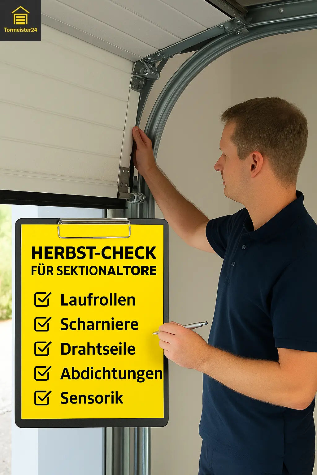 Tormeister 24 Techniker führt Herbst-Check an Sektionaltor durch