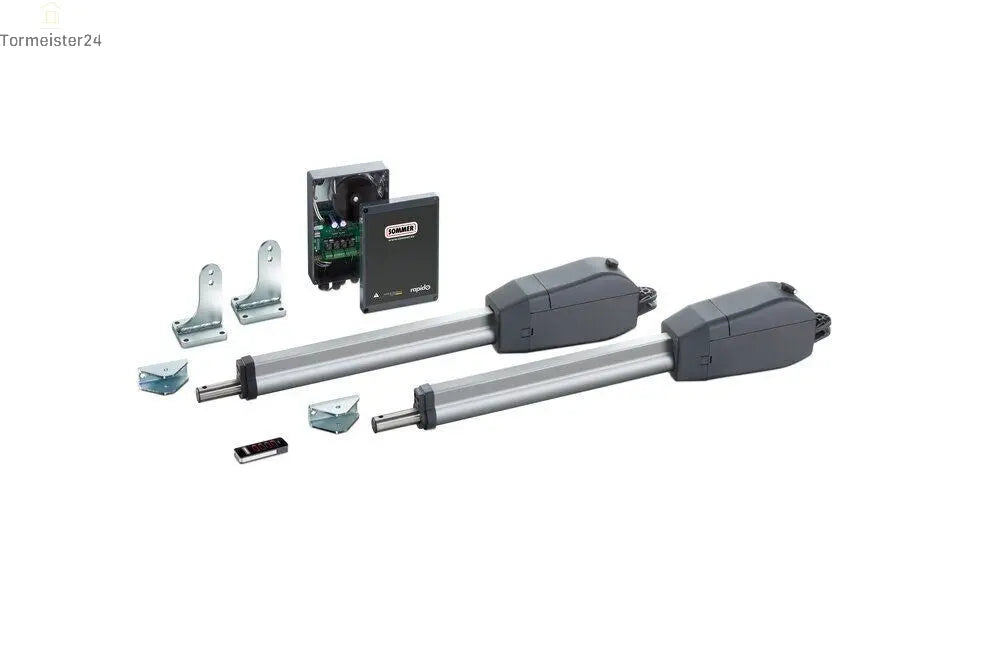 SOMMER twist 350 Drehtorantrieb Set für zweiflügelige Hoftore bis 4 m oder 700 kg je Torflügel mit DTA-1 Steuerung, SOMloq2 Funktechnik, Handsender, Softlauf und Gehtürfunktion.