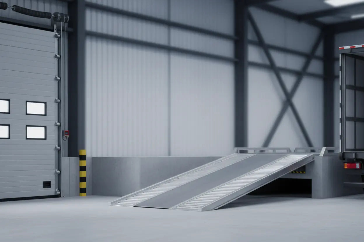 Überladebrücke in einer Verladezone mit Hydraulikschlauch, Anfahrpuffer und Dock Shelter zur Prüfung und Wartung von Verladetechnik