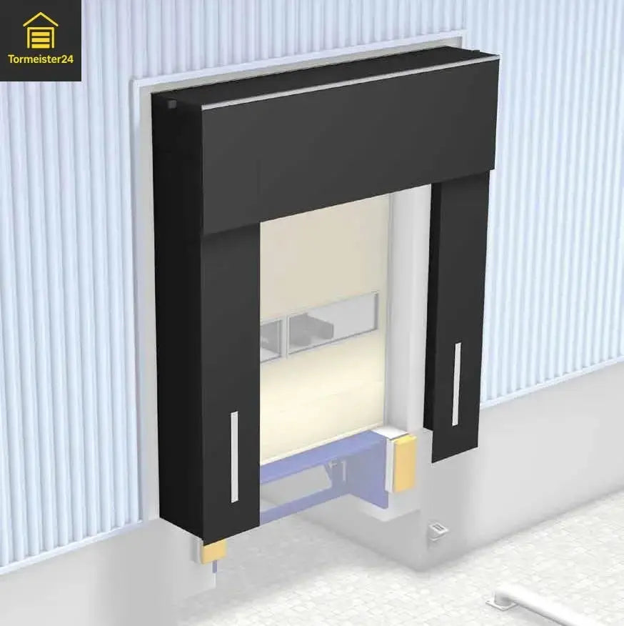Dock-Shelter Zubehör mit Fjong-Gummi, elastischem Seil, Zugfeder, Topprofil, Seitenprofil und Eckkissen zur Reparatur einer Torabdichtung an der Laderampe im Logistik- und Industriebereich.