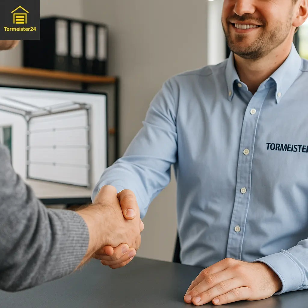 Handschlag zwischen Kunde und Fachberater von Tormeister24 im Büro