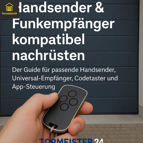 Hand hält modernen Handsender vor geschlossenem Garagentor