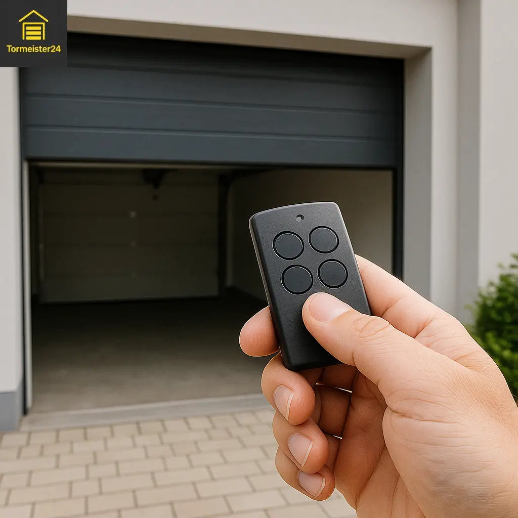 Person hält neuen Handsender vor geöffnetes Garagentor