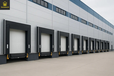 Logistikhalle mit mehreren Industrietoren und Verladebrücken in Reihe