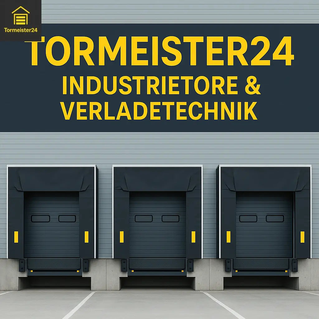 Logistikhalle mit mehreren Industrietoren und Verladebrücken in Reihe bei Tageslicht