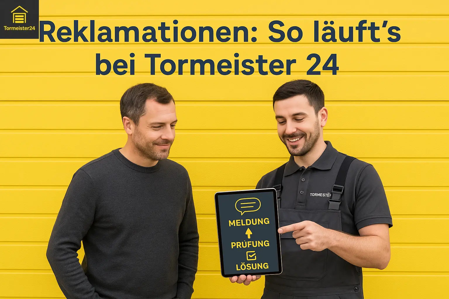 Tormeister24 Blog: Kunde steht vor Garagentor, Techniker zeigt entspannt auf Tablet mit Reklamationsablauf in Gelb und Anthrazit