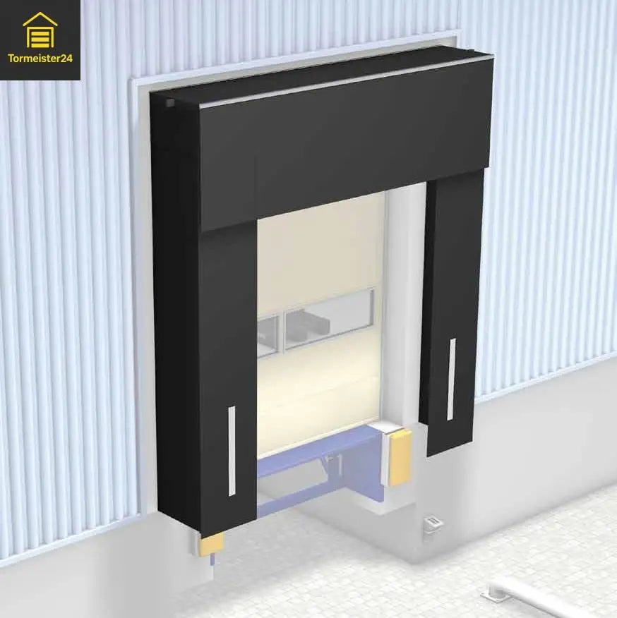 Dock-Shelter Zubehör mit Fjong-Gummi, elastischem Seil, Zugfeder, Topprofil, Seitenprofil und Eckkissen zur Reparatur einer Torabdichtung an der Laderampe im Logistik- und Industriebereich.