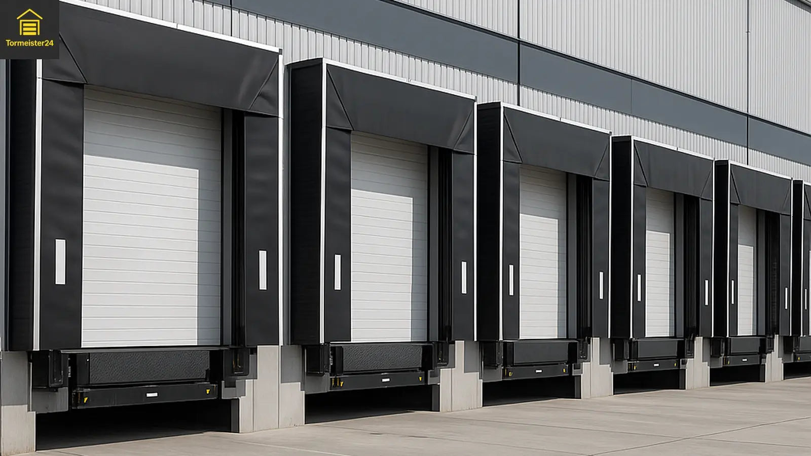 Verladetechnik in Logistikhalle mit mehreren Industrietoren und Rampen